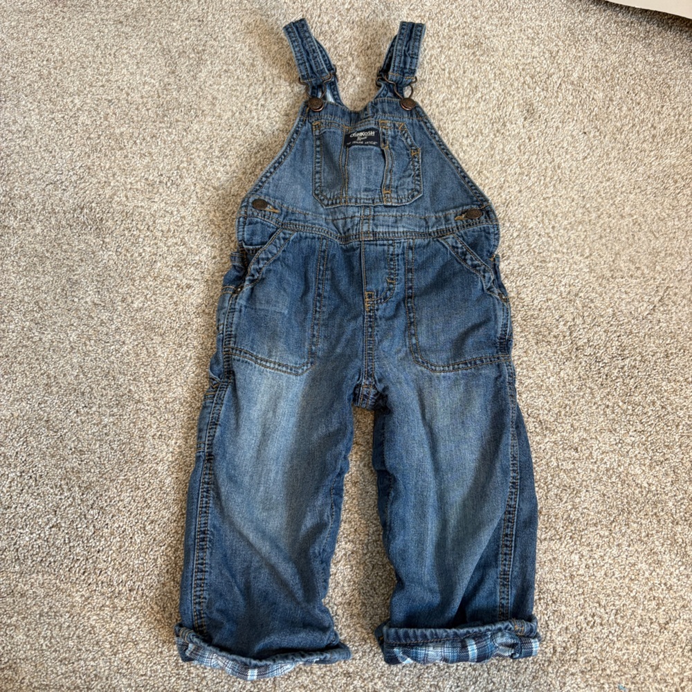 OshKosh B'gosh Plaid Lined Denim Overalls Toddler 24 months Blue